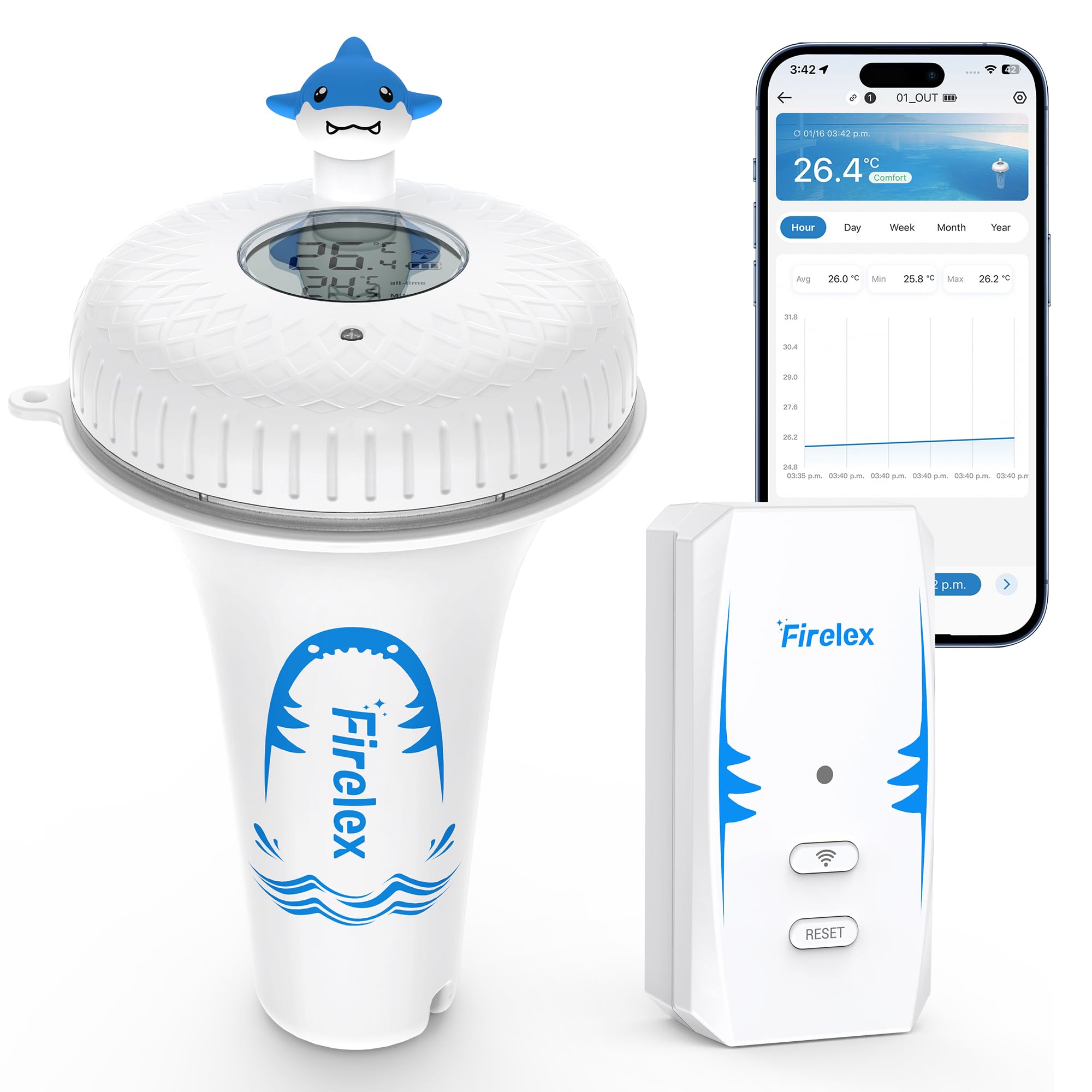 WLAN Pool Thermometer Funk Schwimmend mit Gateway, Smart App Benachrichtigung 2,4 GHz, Digitales Poolthermometer für Alexa Sprachsteuerung, Wasserthermometer für Pool, Whirlpool, Spa, Teich