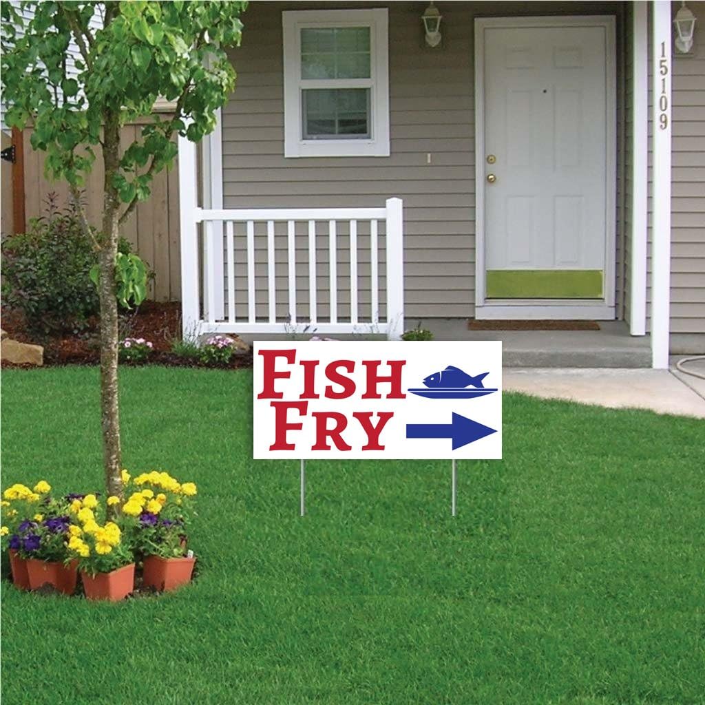 12- Pack Fish Fry Yard Sign - Fish Fry Directional Sign Printed On Both Sides 12 inches x 24 inches - 2 Stakes Per Sign (12)
