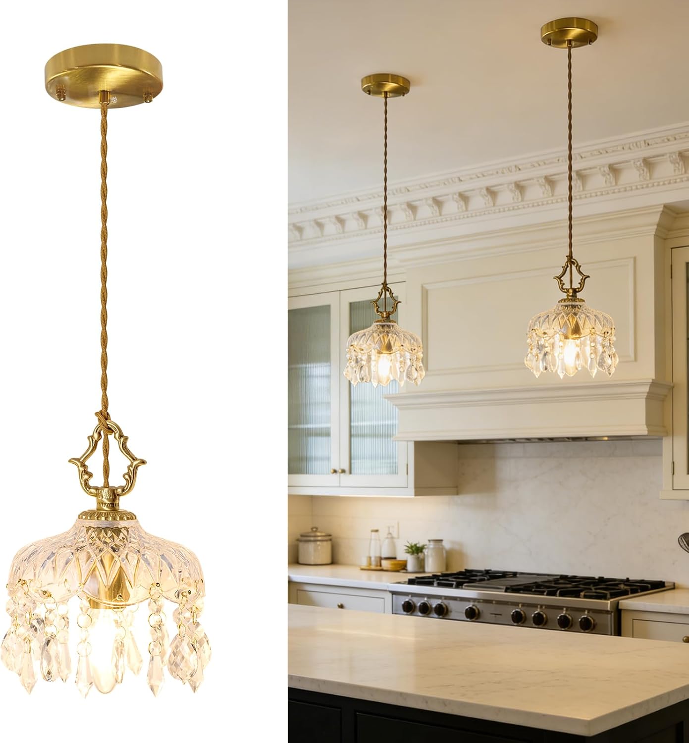 MODIVO Vintage Crystal Mini Pendant Light, Solid Brass & Textured Glass Shade, Hardwired Small Chandelier Hanging Lamp for Kitchen Island, Bedroom Bedside, Hallway, Entryway, Adjustable Height