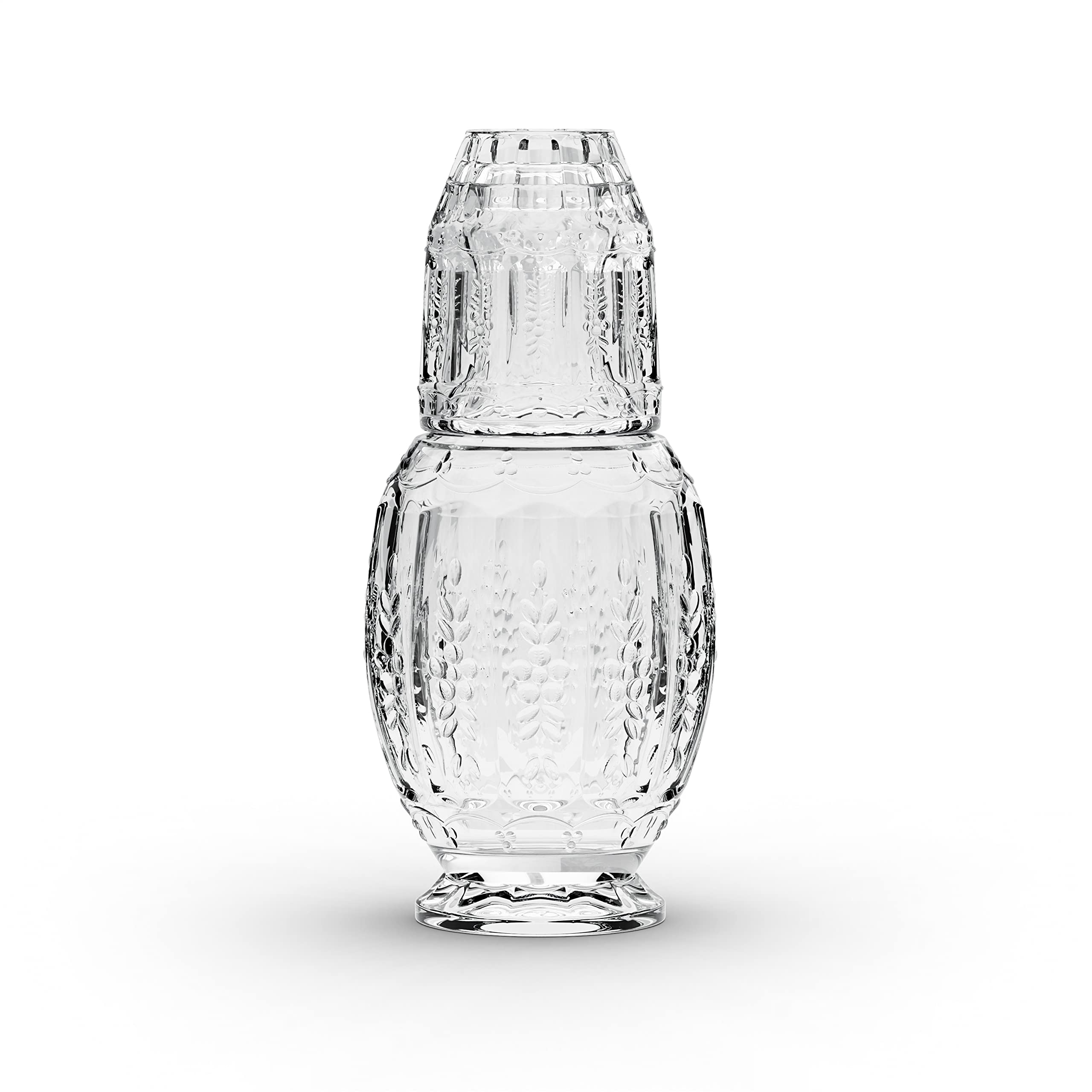 Elle Décor Vintage Bedside Water Carafe with Tumbler – Elegant Pitcher and Matching Drinking Glass Doubles As Lid For Guest Room, Office, or as a Gift, 4.7x10.4, Clear
