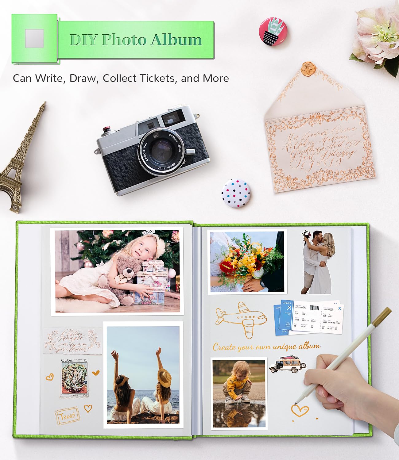 Artfeel Album na zdjęcia, samoprzylepny album do scrapbookingu, na zdjęcia 8 x 15, 4 x 6, 5 x 7, 8 x 10 zdjęć, 40 stron, lniana okładka z okienkiem ekspozycyjnym, idealny prezent dla rodziny, podróży