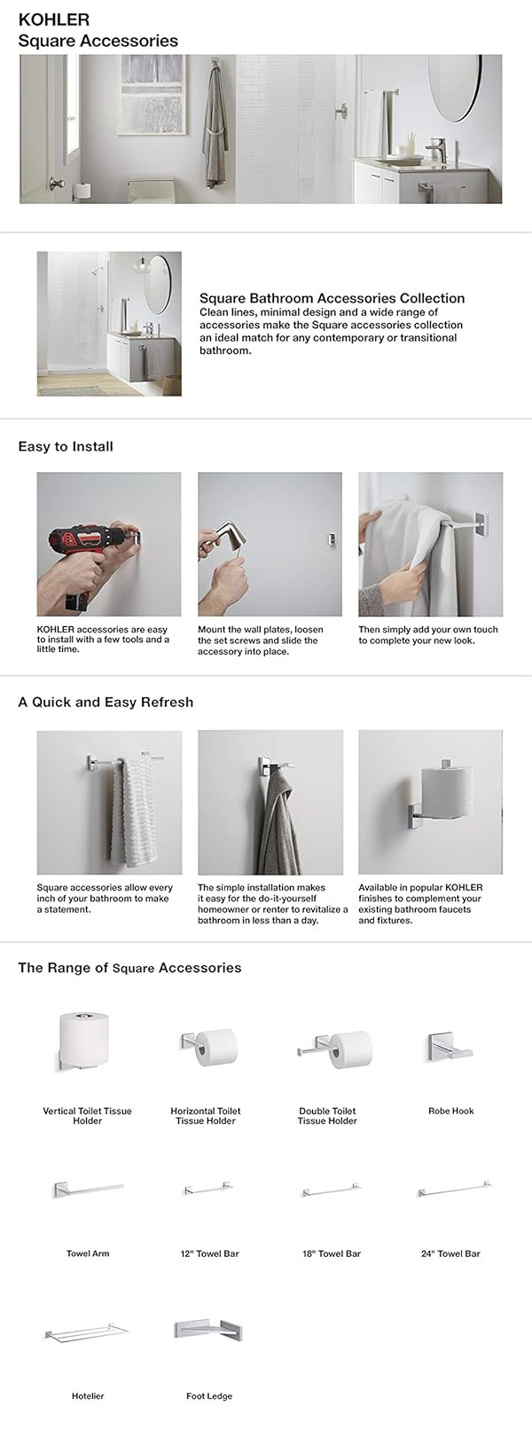 KOHLER K-23295-BN Square 24 Inch Grab Bar, Installation Hardware Included, 300lb Capacity, Vibrant Brushed Nickel by Kohler - Image 3