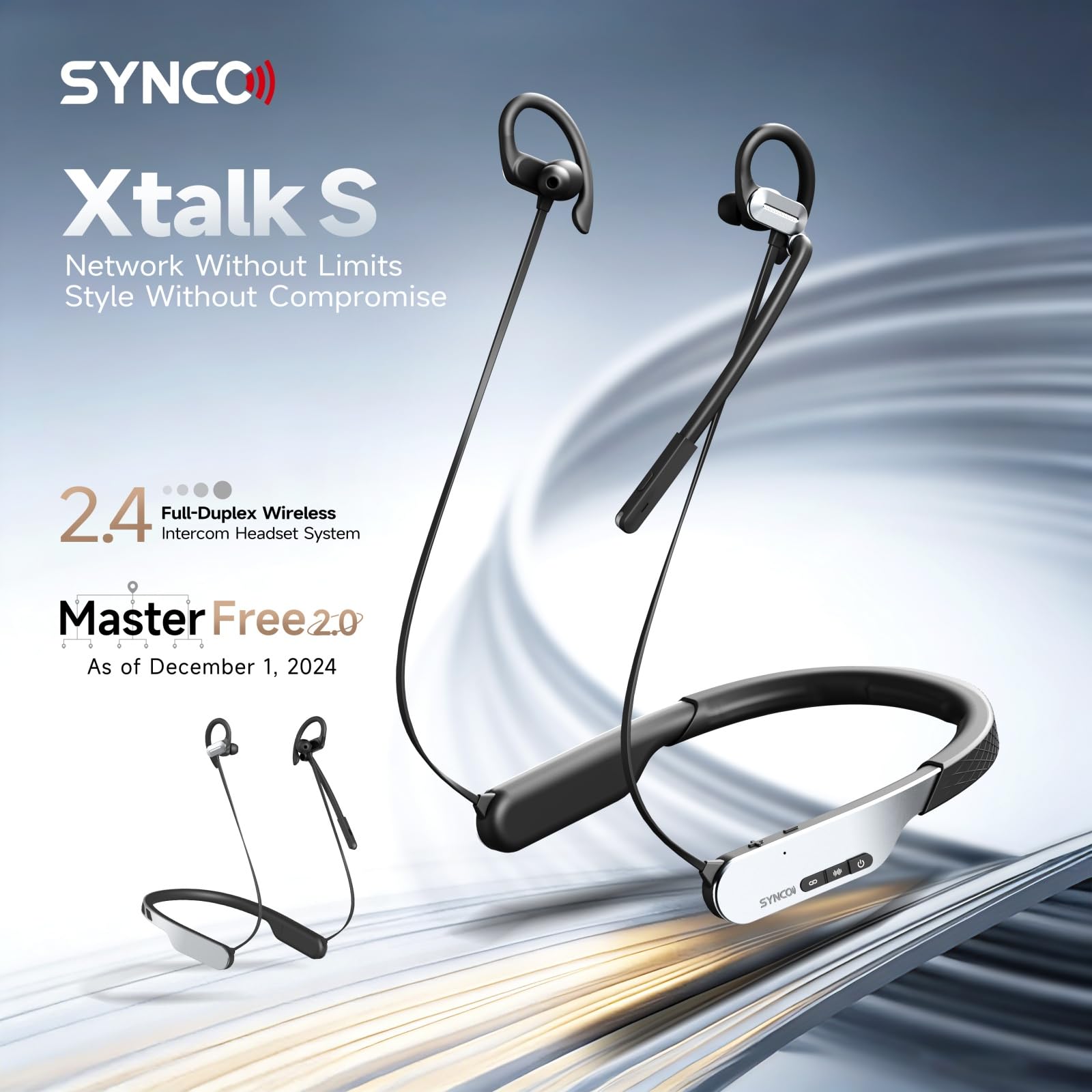 SYNCO Xtalk S2 Wireless Intercom Headset System 250m Full-Duplex 2.4G, 10h Runtime AI Noise Cancellation Lightweight 88g Duel-Mode for Work and Life Neckband Design for Outdoor Sports Gym Wedding