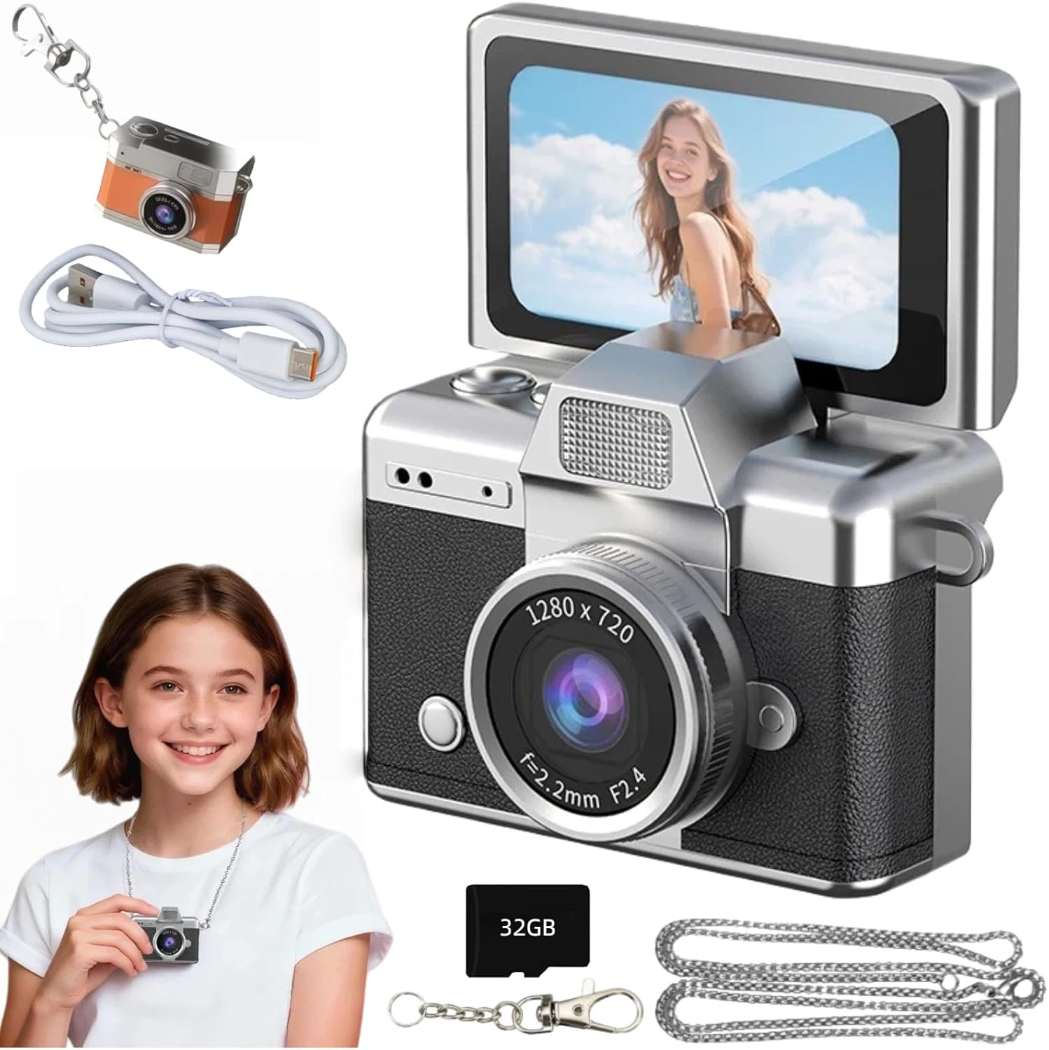 Mini Digital Camera Keychain Retro Mini Digital Video Camera Small 1080P FHD Recording with 0.96" IPS Screen with 6 Retro Filters AVI Format-Ideal for Phone Transfer (32GB, Black)