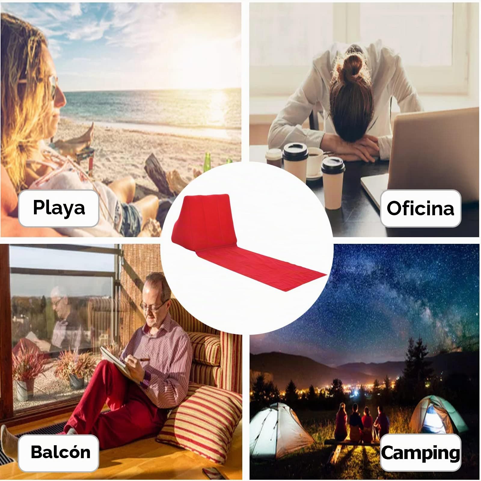 SOONHUA Tumbona inflable con cojín para la espalda, playa y camping, colchón plegable, resistente al agua, rojo