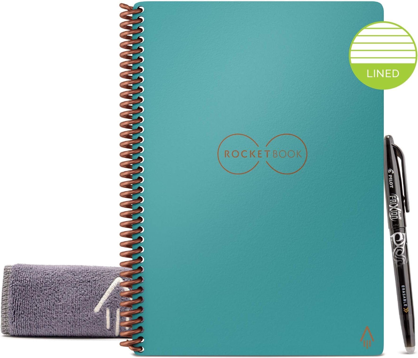 Rocketbook Reusable Digital Notebook - Smart Notepad A5 Teal - Spiral Note Book To Do List Pad, Lined Paper with Frixion Erasable Pen and Wipe, Office Gadget with Rocketbook App, Reduce Paper Waste