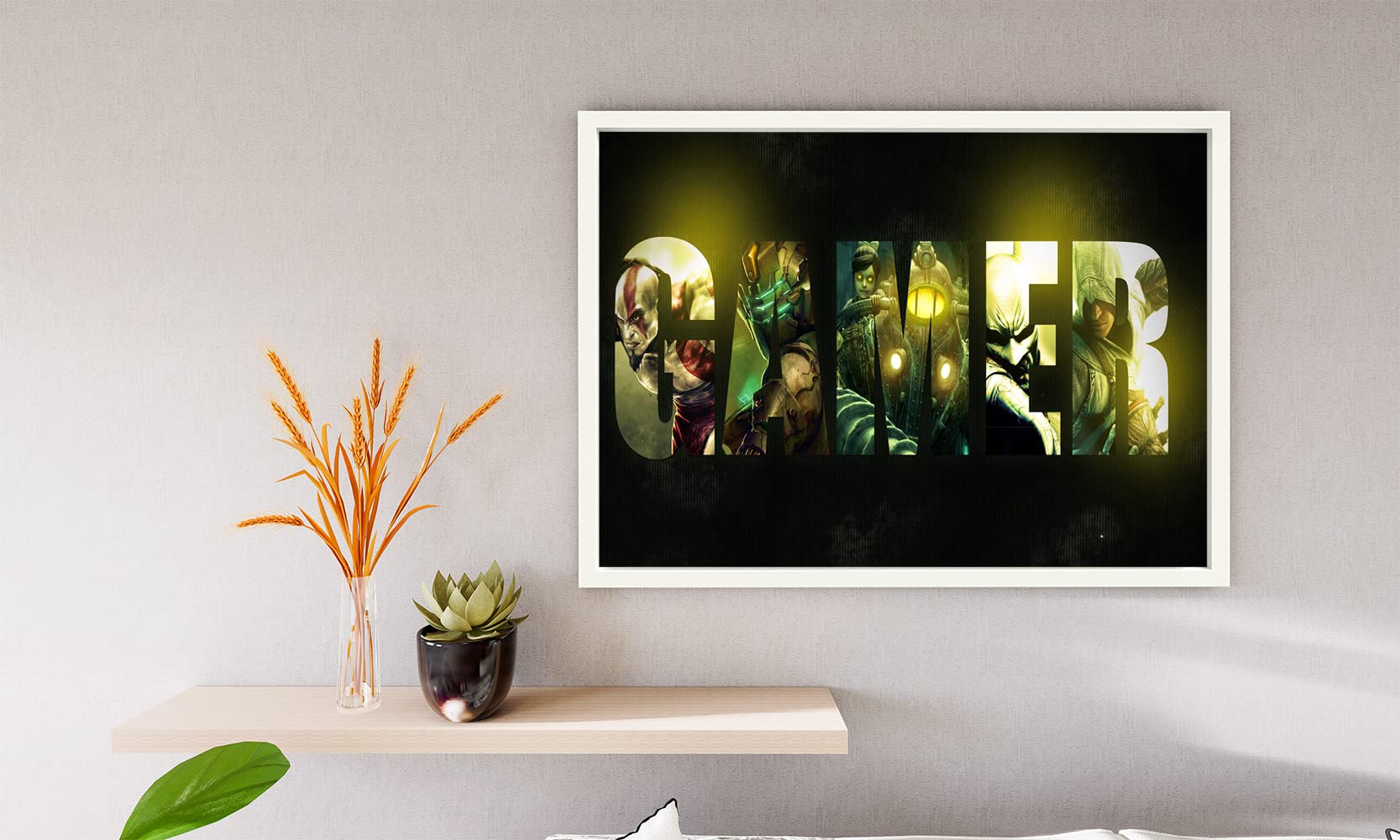 VERRE ART Printed Framed Canvas Painting for Home Decor Office Wall Studio Wall Living Room Decoration (14x10inch White Floater) - God_of_War-Dead_Space-BioShock_2