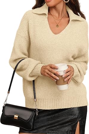 سترات ATHMILE للنساء لملابس الخريف 2025 قمصان بولو محبوكة كبيرة الحجم برقبة على شكل حرف V وياقة مطوية وبلوزات