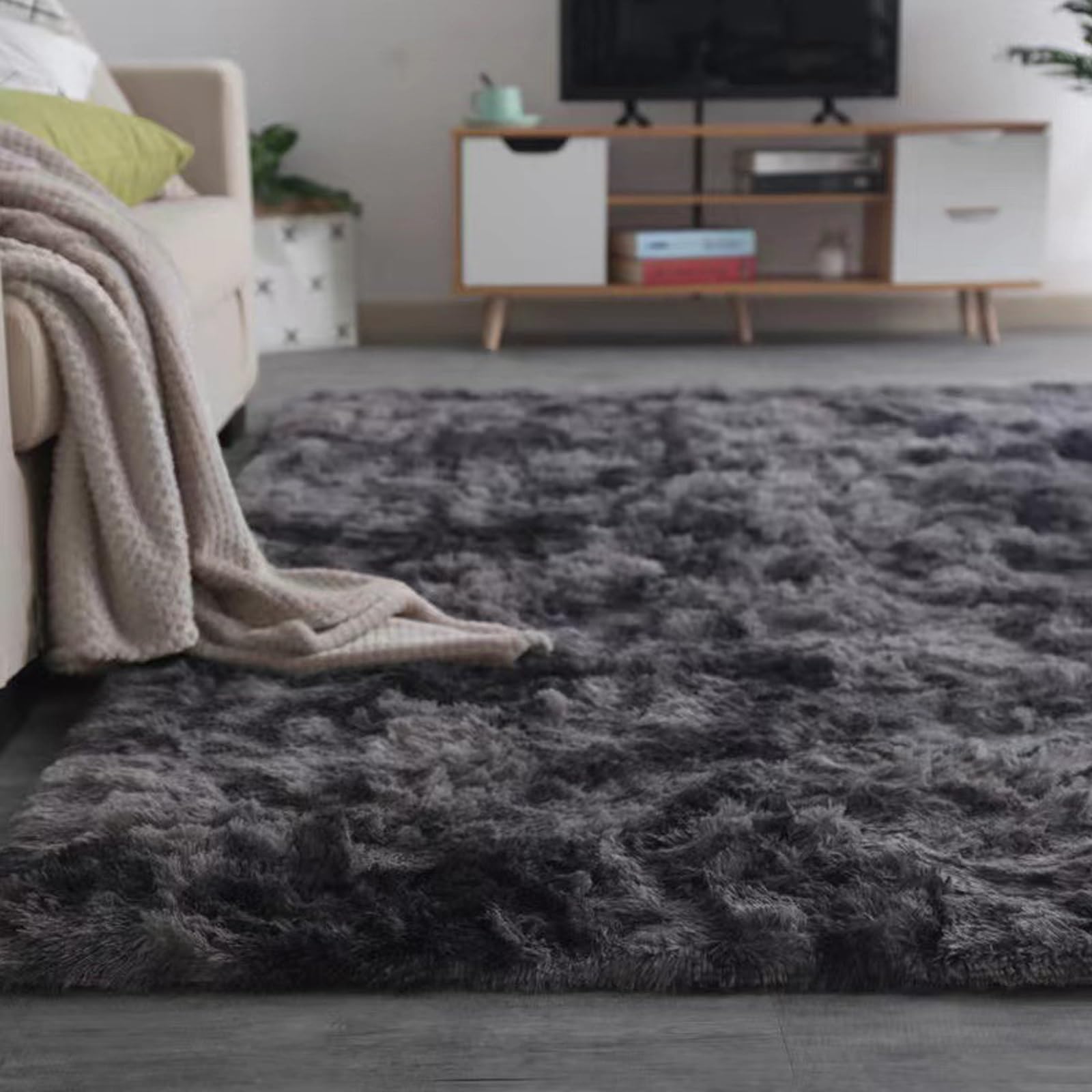 Tapis de chambre de haute qualité en peluche douce lavable 170x240cm gris foncé