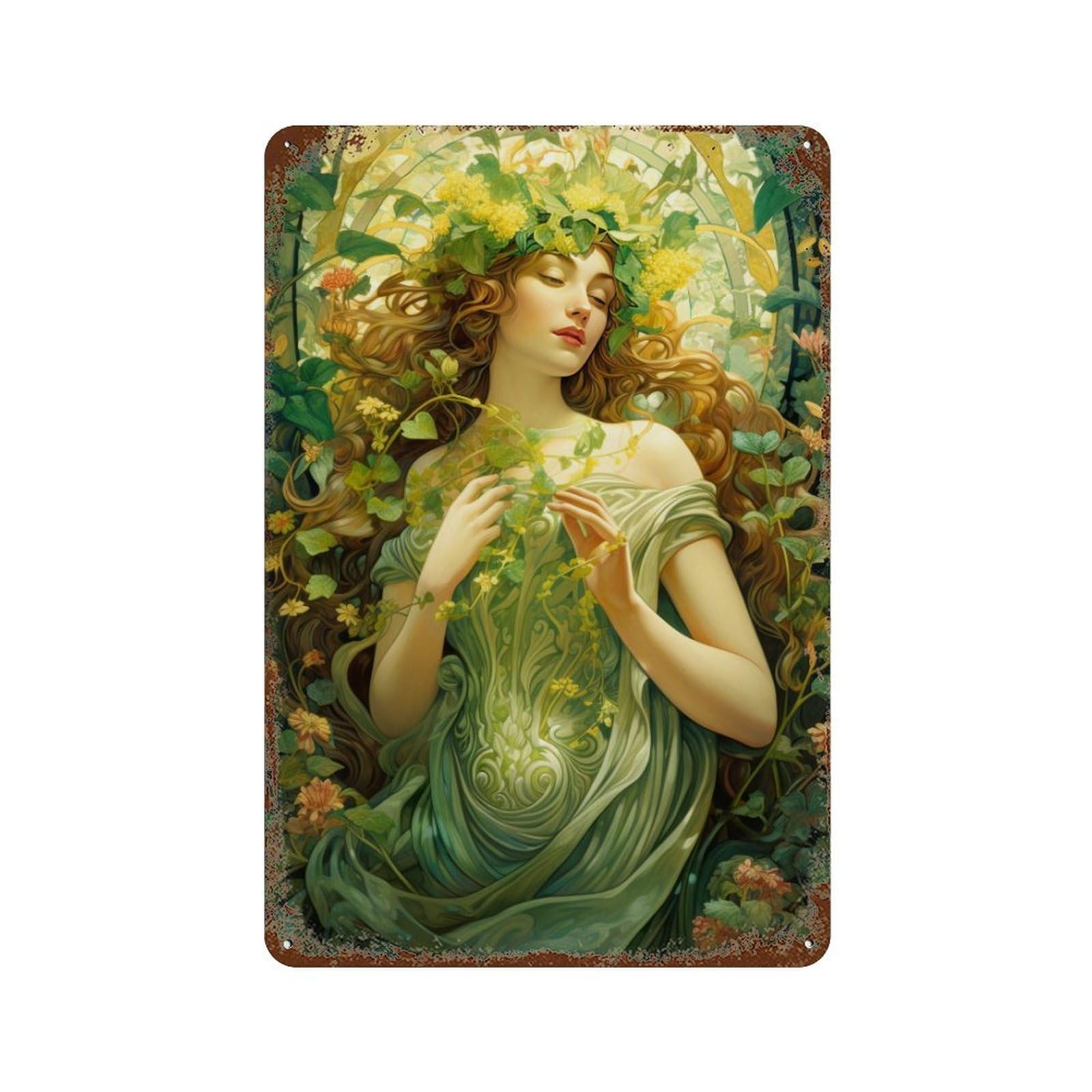 Nature's Enchantress A Whimsical Garden Portrait 11.8"x7.9" Aged Metal Wall Plaque, Novelty Wall Decor for Shed, Workshop And Garage Wall Decor