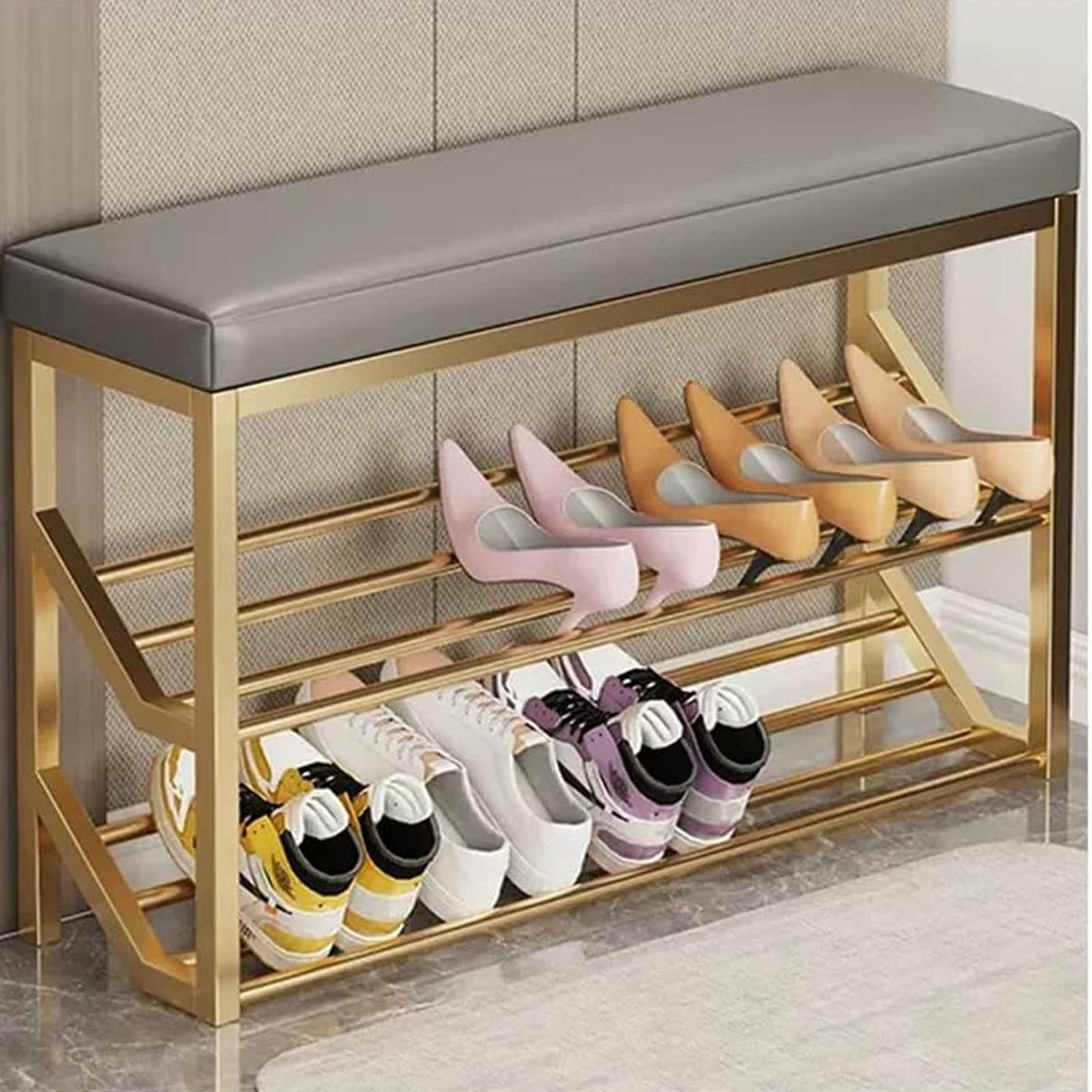 WJFTODAY Industrial Shoe Rack Bench 2 Tier Storage with Metal Shelves Entryway Seating for Shoes Stylish Gold & Gray Design (Size: 100x20x48cm)