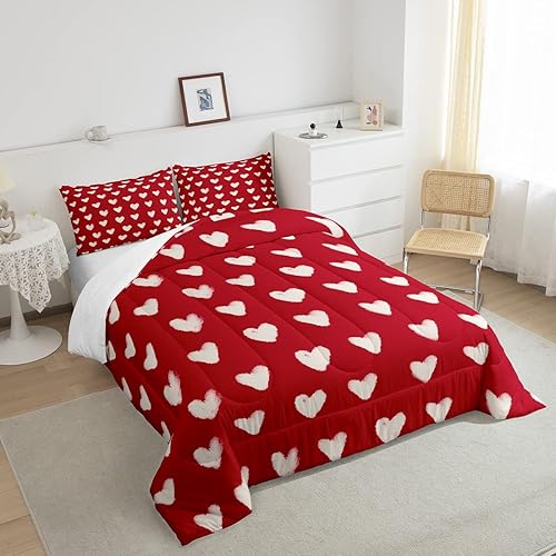 Miniatura 3 de Juego de edredón rojo y blanco, tamaño King, ropa de cama con patrón de corazón lindo para niños y niñas, regalo del día de San Valentín, edredón