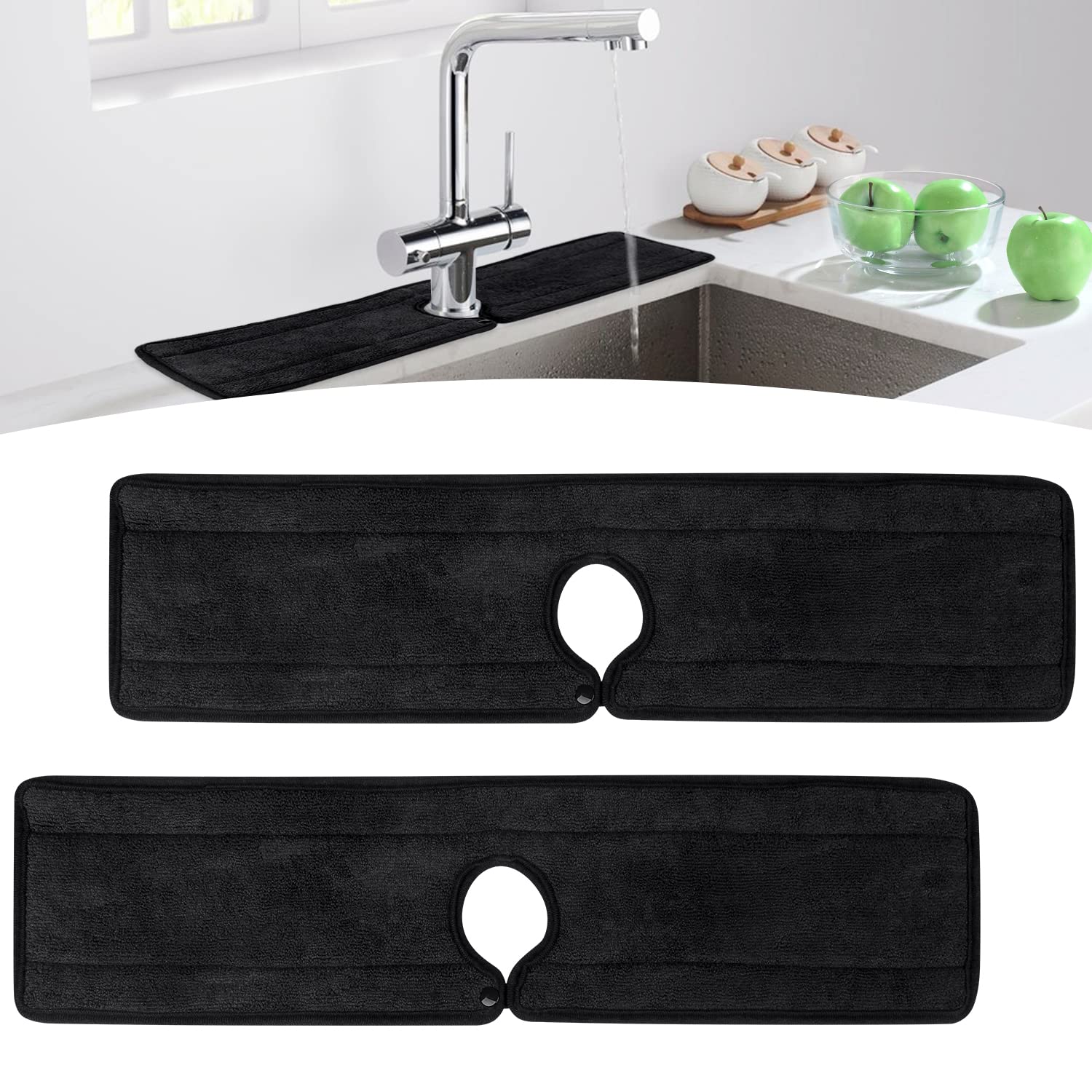 ZOKBOM 2Pcs Faucet Absorbent Mats, Microfiber Cloth Faucet Drying Mat with Button,Wraparound Splash Catcher for Kitchen Bathroom Motorhome Bar,Easy to Clean(Black)