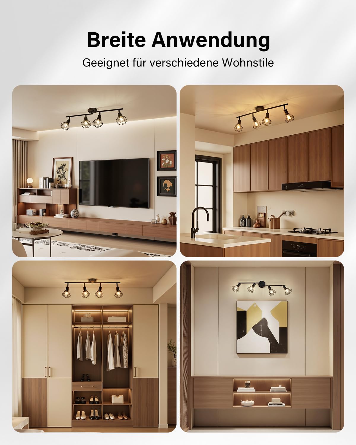 Leselux Deckenstrahler 4 Flammig E14, Deckenlampe Spot Schwenkbar Schwarz | Vintage Deckenleuchte Strahler Schwenkbar 350°, Metall Deckenspots Wandstrahler für Flur Büro Schlafzimmer, Ohne Leuchtmittel