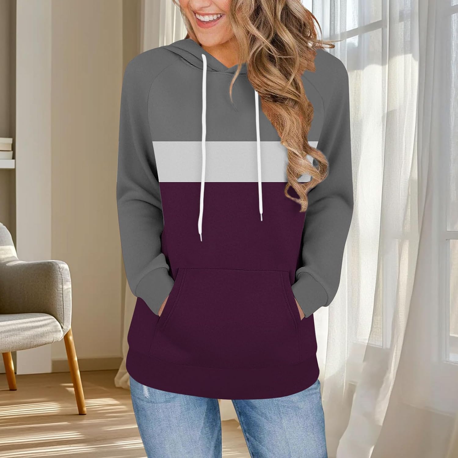 Womens Oversized Hoodies Long Sleeve Fall Fashion Winter Color Block Hooded Sweatshirts Casual Comfy Pullover Tops
