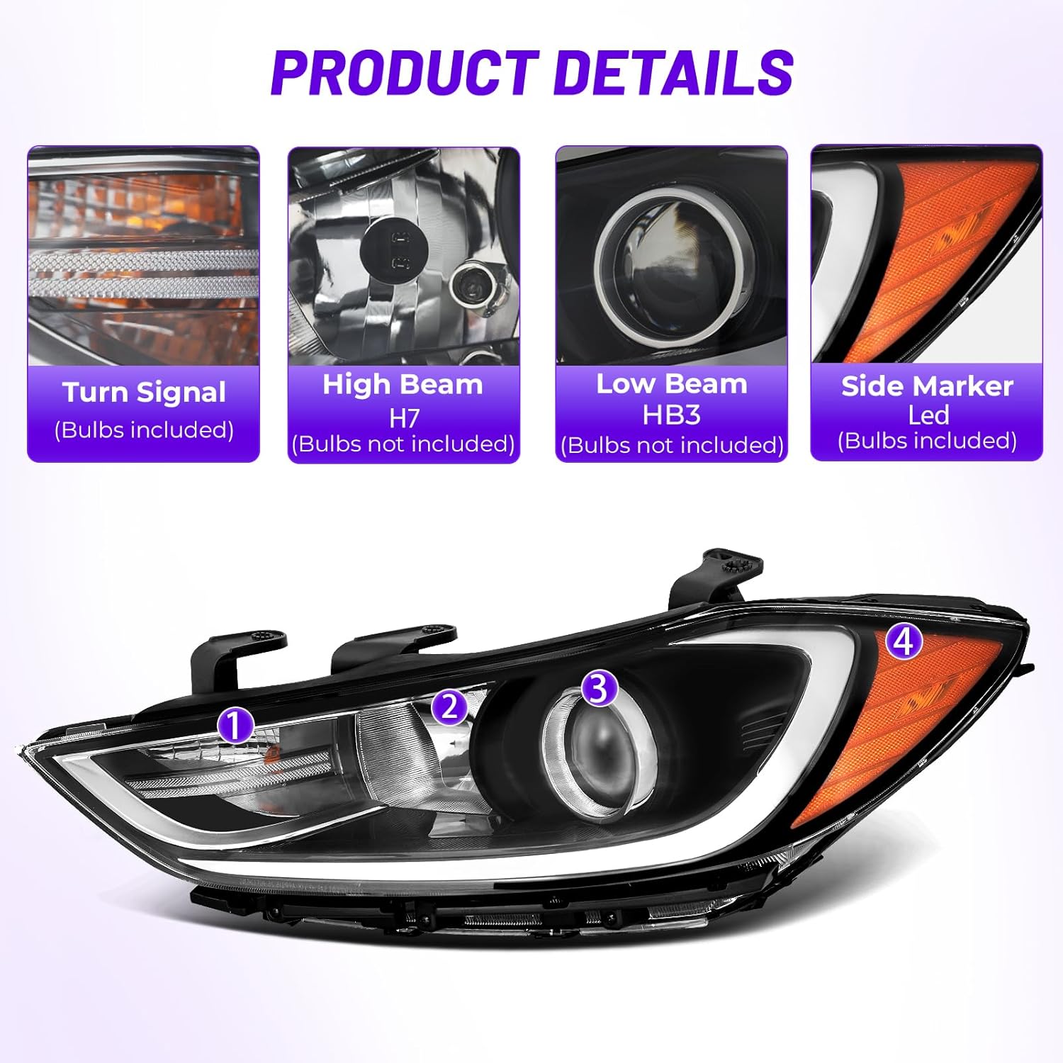 Headlights Assembly Compatible with 2017 2018 Hyundai Elantra Black Housing, Driver and Passenger Side