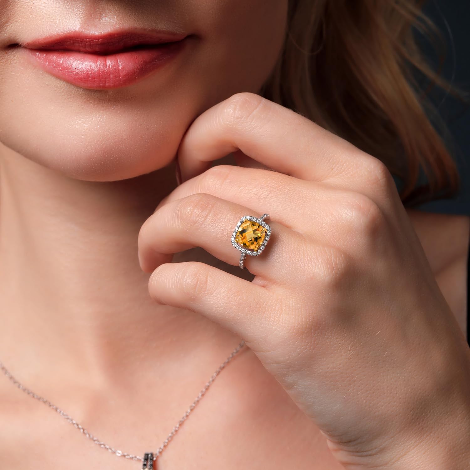 Gem Stone King 925 Sterling Silver and 10K Yellow Gold Citrine and Lab Grown Diamond Halo Engagement Ring for Women | 2.21 Cttw | Cushion Checkerboard 8MM | Wedding Anniversary Ring For Women