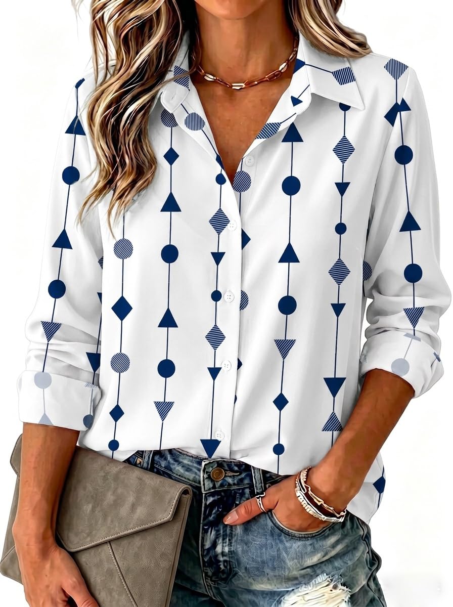 Zeagoo Blouse for Women Dressy Long Sleeve Button Down Shirts V Neck Tops | business casual outfit,lightweight dressy casual blouse,spring fall fashion,solid or printed tops