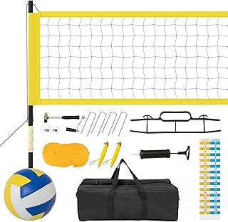 GYMAX Red de voleibol, juego de voleibol portátil con postes ajustables y diseño antideslizante, incluye estacas de playa, marcador, línea de límite y bolsa de transporte para patio trasero al aire