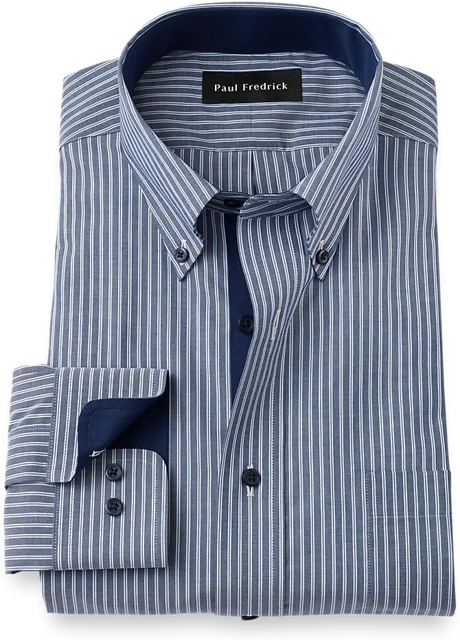 paul fredrick men's classic fit non-iron cotton stripe dress shirt Non-Iron Cotton Stripe Dress Shirt With Contrast Trim main image 0
