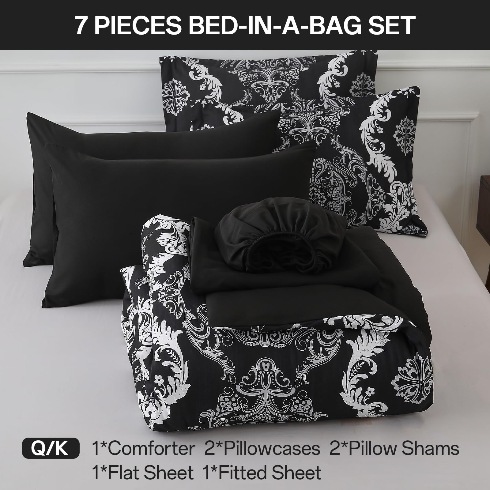 WONGS BEDDING Schwarz Weiß 7-teiliges Schmusetuch Set Damast Schmusetuch Bettwäsche-Set YS01AB091353Q7U-A