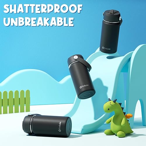 Miniatura 5 de Fimibuke Botella de agua para niños, 14 onzas, sin BPA, vaso de doble pared al vacío de acero inoxidable 188 a prueba de fugas, con popote y botella