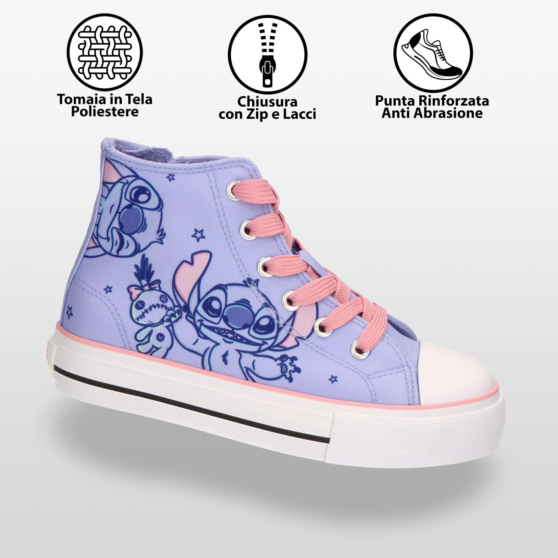 Disney Stitch - Zapatillas de deporte para niña - Zapatos altos y bajos de lona o poliéster con o sin luces LED, cierre de cordones, cremallera o , tallas 25-35