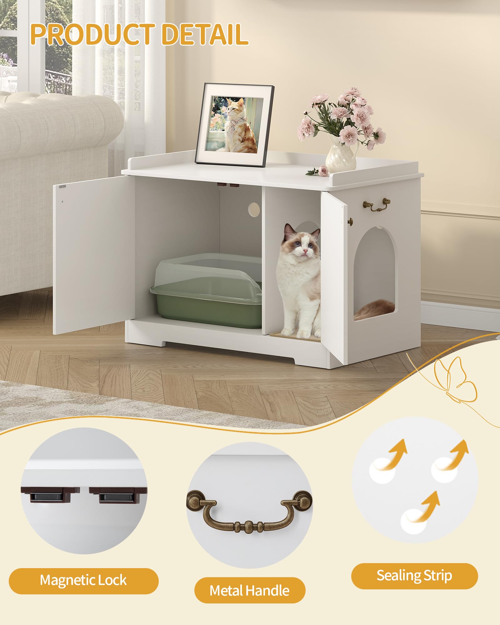 Hzuaneri Mobile Lettiera per Gatti Maniglie,80cm Bianco,Armadietto Lettiera | 80 x 50 x 57 cm Casetta per Gatti con Porta, Tavolino in Legno per la Casetta, Robusto Armadietto per Gatto, CB05703X