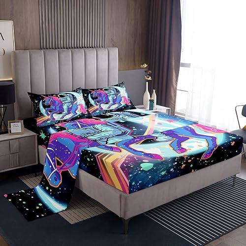 Miniatura 16 de Erosebridal Juego de sábanas de unicornio tamaño matrimonial, sábanas de cama Kawaii de dibujos animados de animales mágicos, sábana bajera Multi