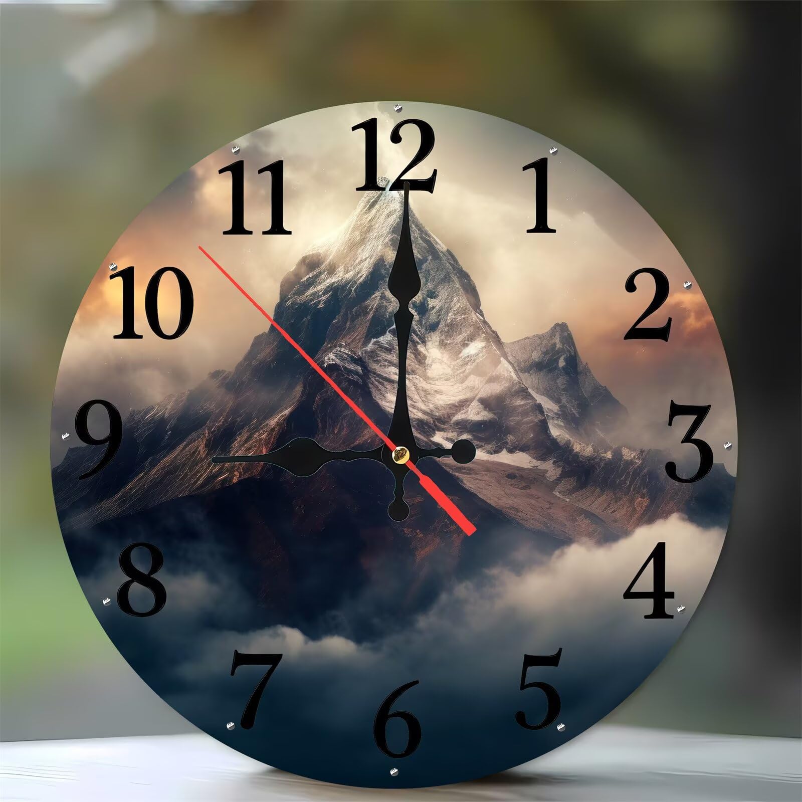Horloge murale en bois de 35 cm au motif de montagnes enneigées de qualité supérieure