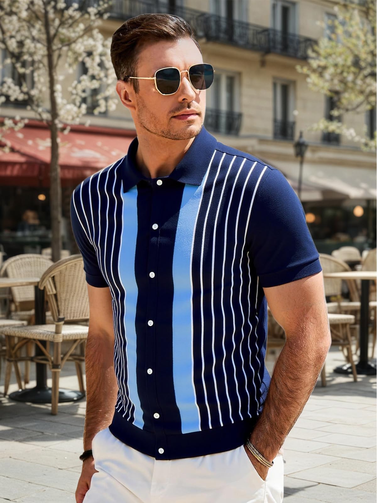 Les umes Polo Uomo A Righe Retro Cardigan Con Maniche Corte Cotone Estate Golf Casual