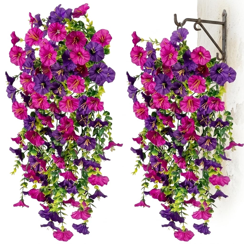 Snugcore 2 Pack Artificial Hanging Flowers, Purple Fake Trailing Plants for Hanging Baskets, Outdoor Morning Glory Decoration for Garden Porch Patio Wedding Spring Decor