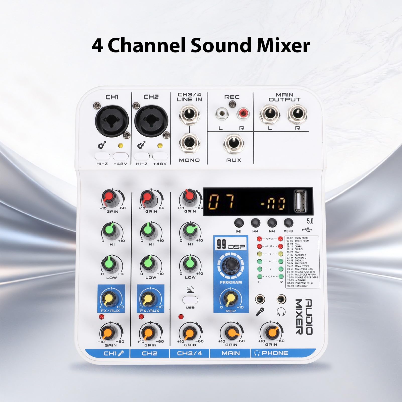 Asixxsix 4-kanałowy Mikser Audio, Cyfrowy Pogłos Bluetooth DSP, Płyta Dźwiękowa Miksera DJ z Wejściem USB MP3 XLR 6,35 Mm, 3,5 Mm i Zasilaniem Phantom 48 V, Płytka Miksera Dźwięku (WHITE)