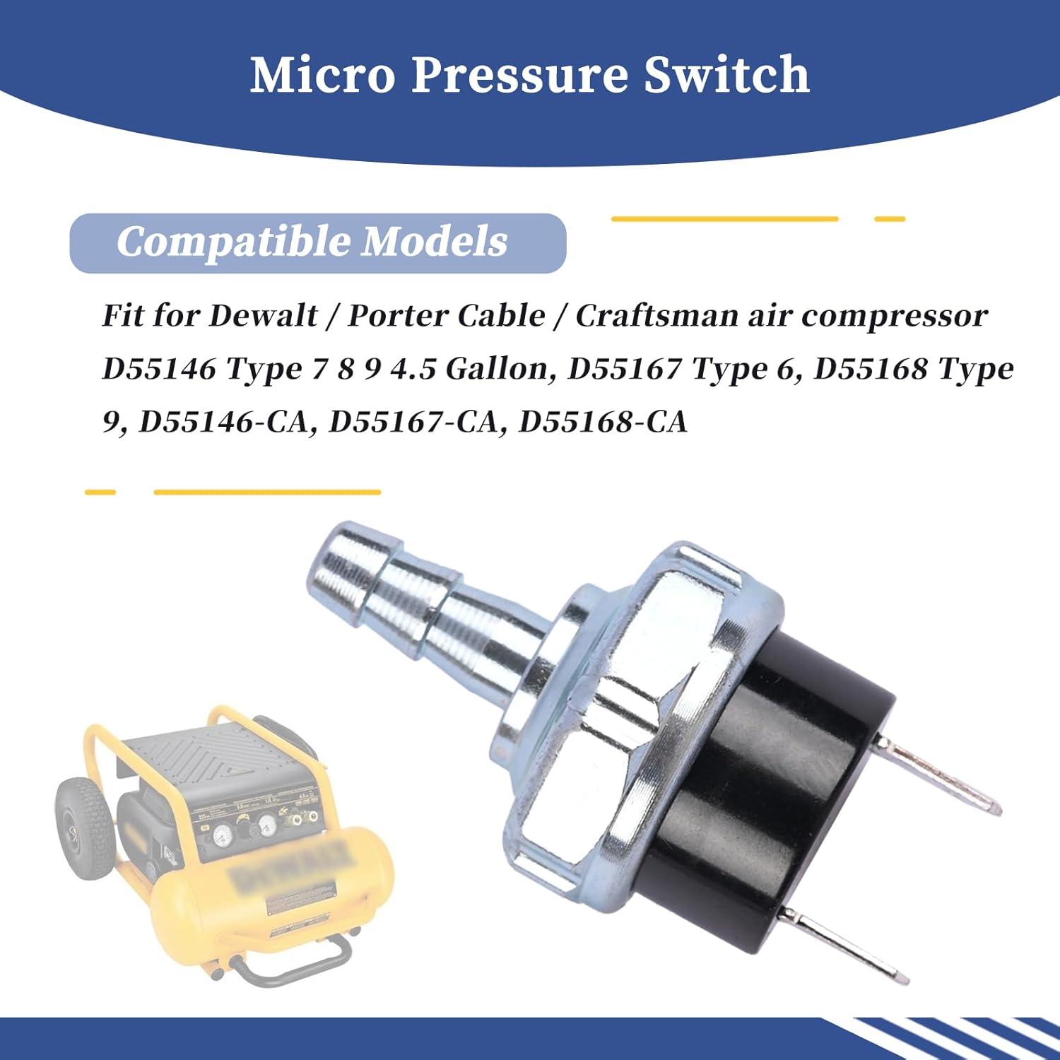 Air Compressor Micro Pressure Switch Compatible with DeWalt/Porter Cable/Craftsman D55146 D55167 D55168 D55146-CA D55167-CA D55168-CA Type 6-9 180-225 PSI