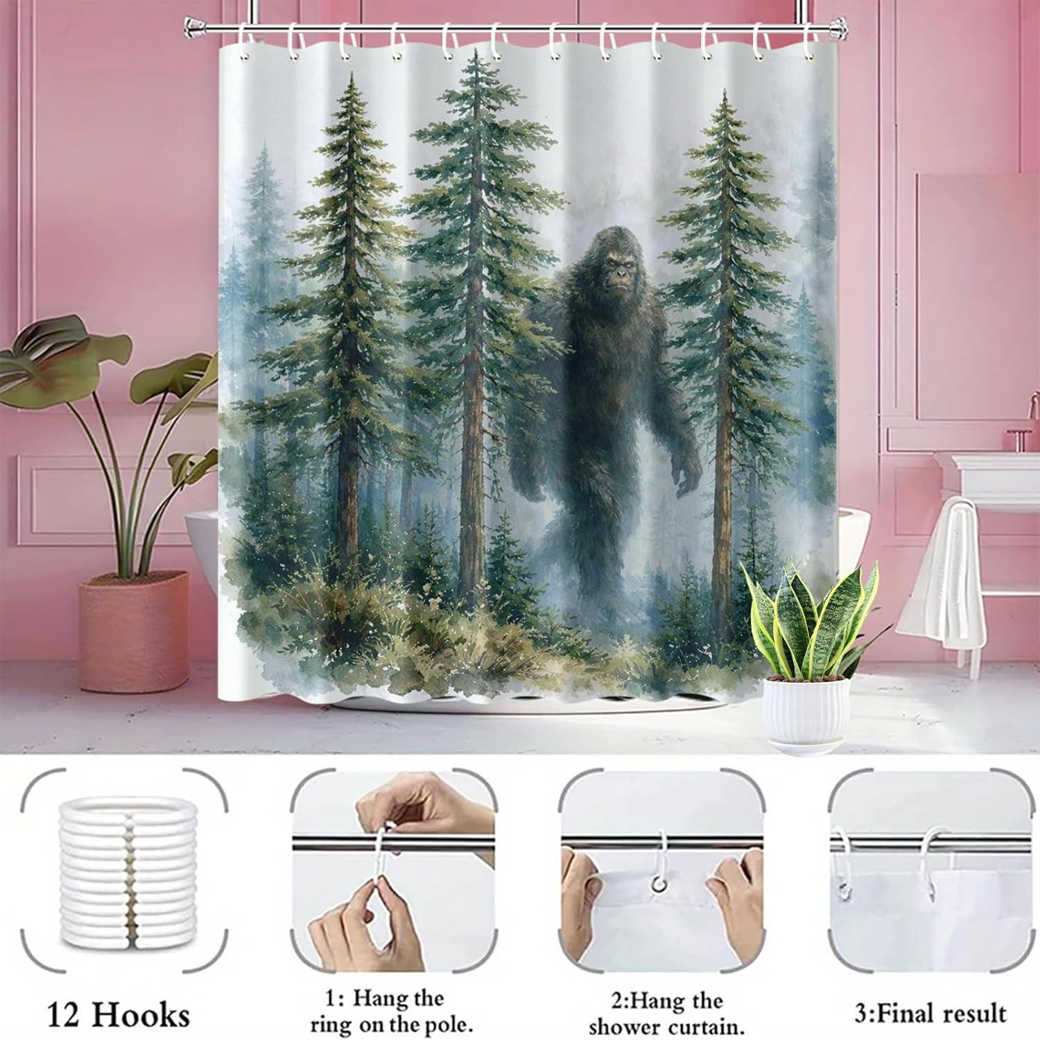 Bigfoot Shower Curtain 70.8x70.8 Inch with Hooks Sasquatch Walking in Forest Design Fabric Bathroom Decor Forest Landscape Nature Scene for Bathtub