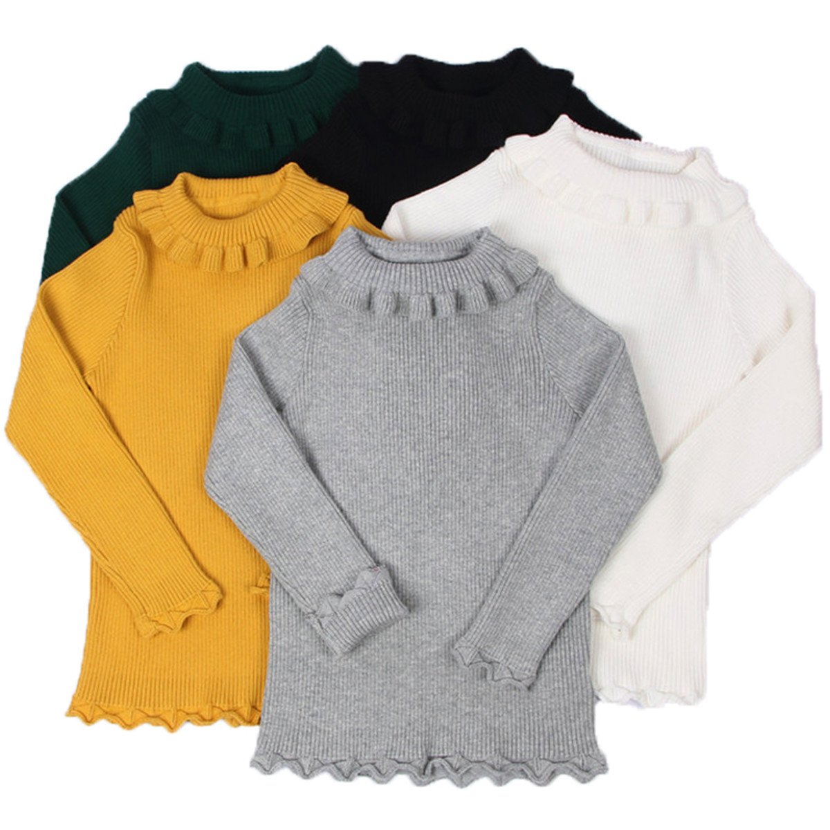 JELEUON Little Girls Kids Long Sleeve High Neck Ruffle Knit Sweety Sweatshirt Sweatar 2-3 Years Green