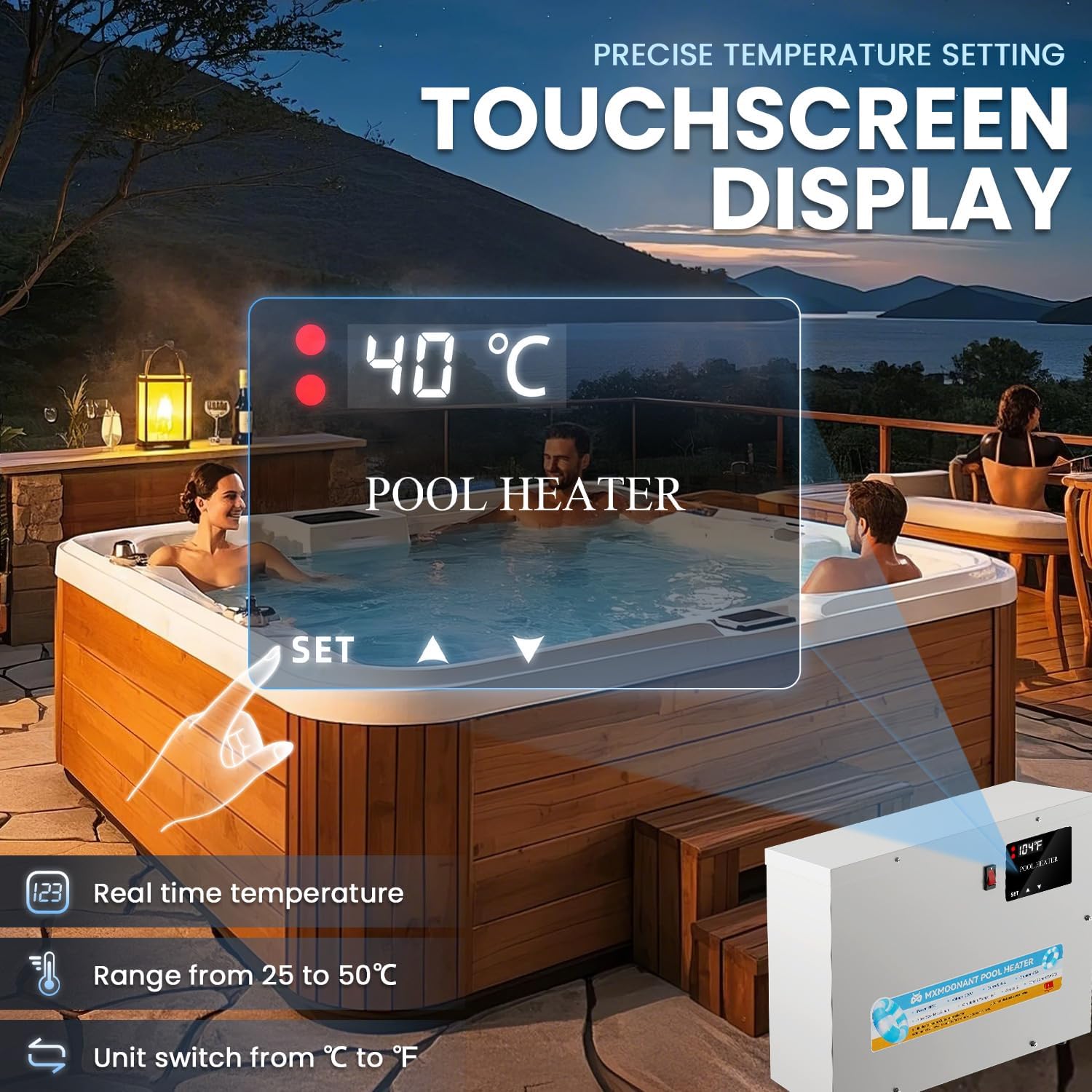 Mxmoonant Pool Heater touchscreen display showing temperature setting