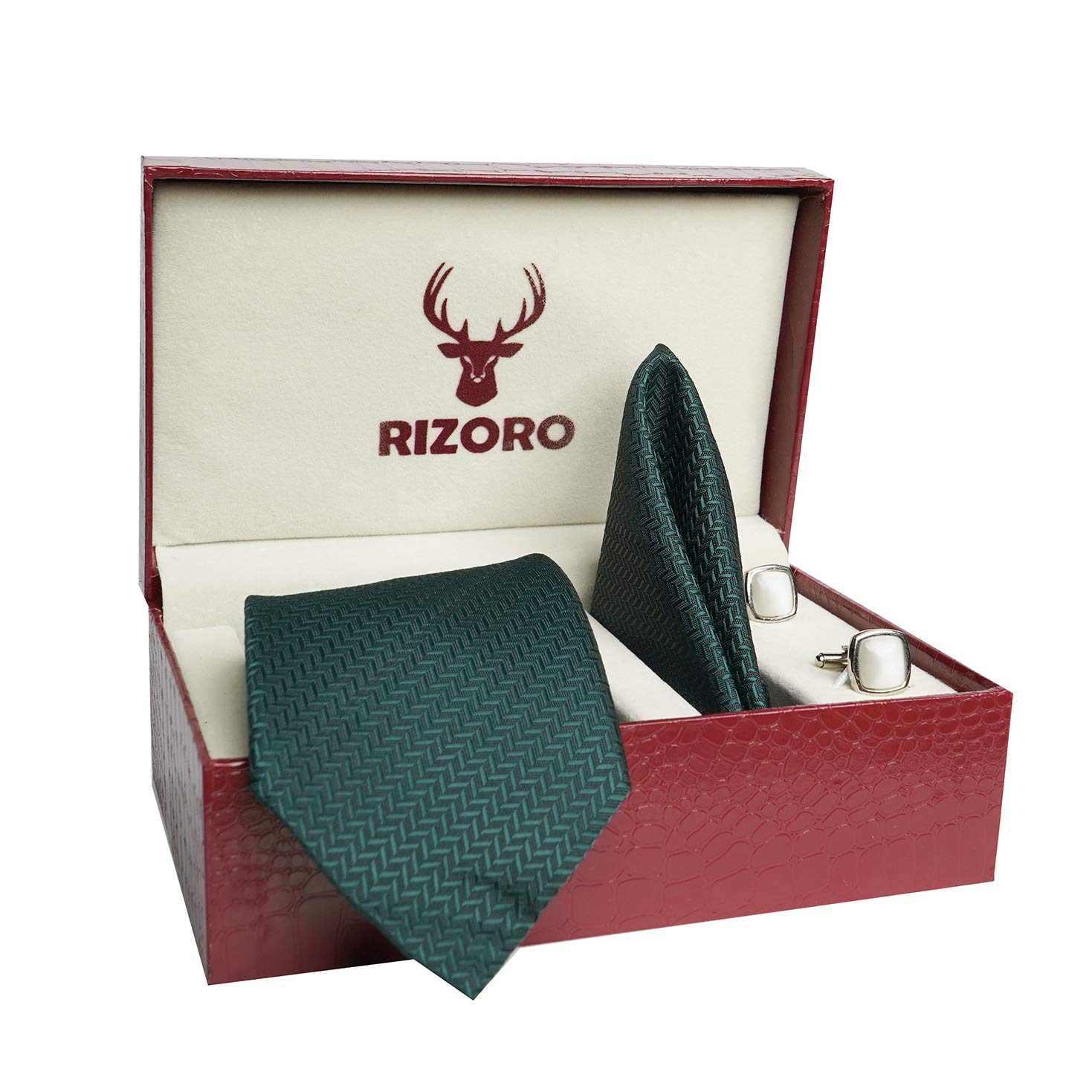 RIZORO Tie for Men – Self Silk Neck Ties Set with Cufflinks Flower Pin, Pocket Square & Black Gift Box, Combo Necktie Sets for Office Wear, Formal Suits & Weddings (Green, SIDIGNRB) - Image 3 thumbnail