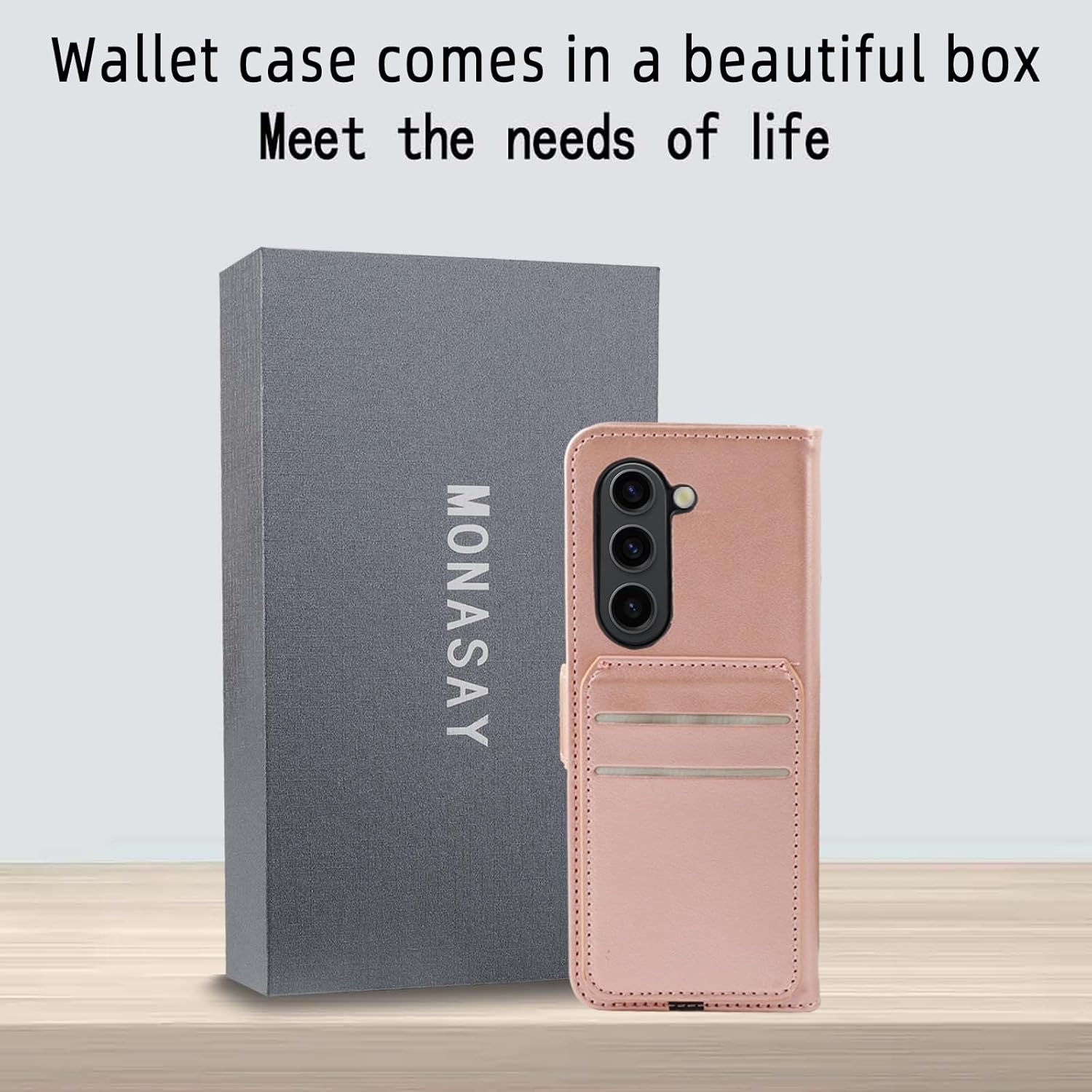 MONASAY Wallet Case Compatible for Galaxy Z Fold 5 5G with S Pen Holder, Flip Folio Leather Cell Phone Cover with RFID Blocking Credit Card Holder, Rosegold