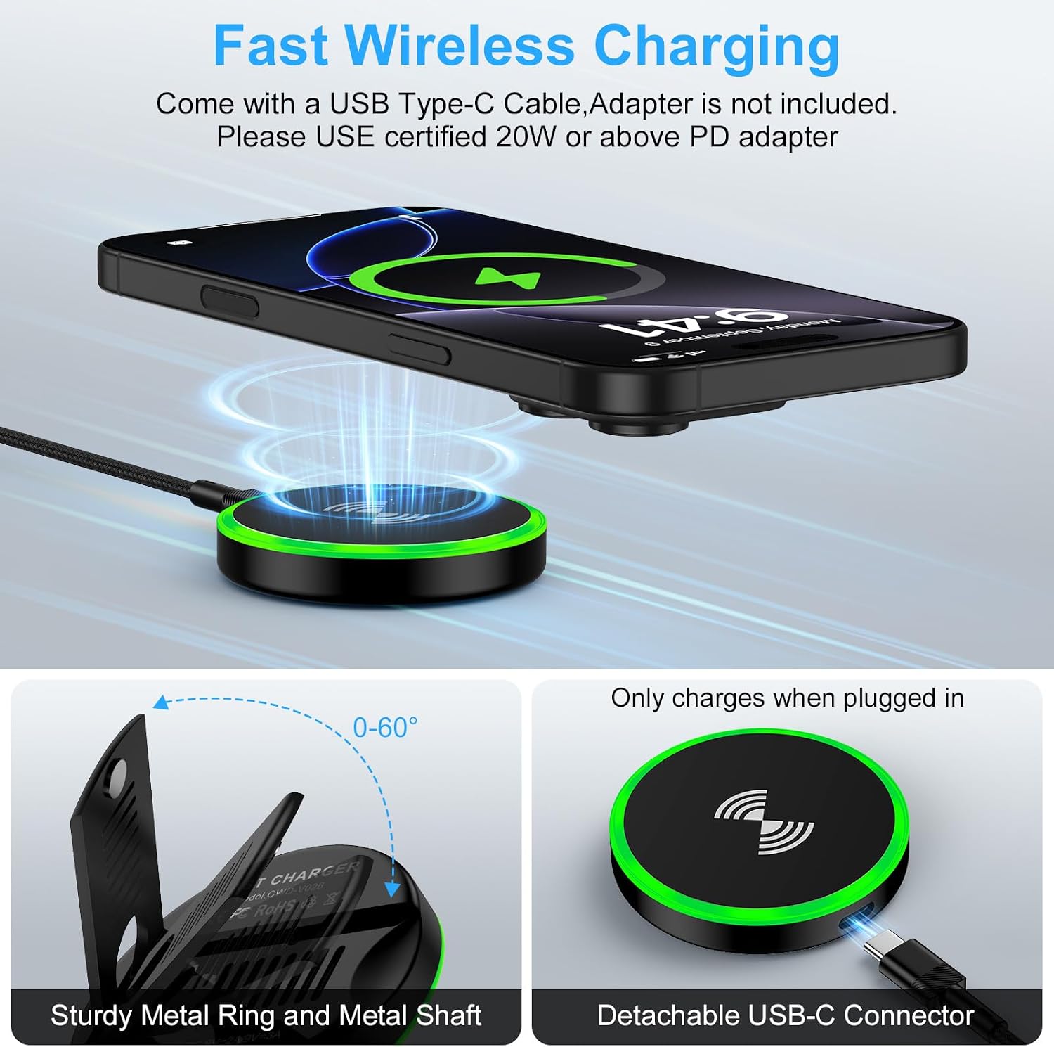 Wireless Charger Fast Charging Pad Magnetic Compatible for iPhone 16E/16 Pro Max/17e/17 Air/17 Pro Max/15/14/13,15W Wireless Charger Stand Station Kickstand Android Phone for Samsung Galaxy S26 Ultra