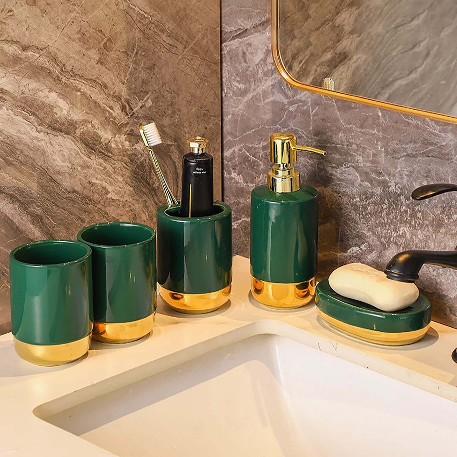 Juegos de Accesorios de baño, Acesorios Cuartos de Baño 5 Piezas con Dispensador Jabon Baño, Jabonera Baño, Porta Cepillo de Dientes, para Champú Gel de Ducha Cerámica Verde