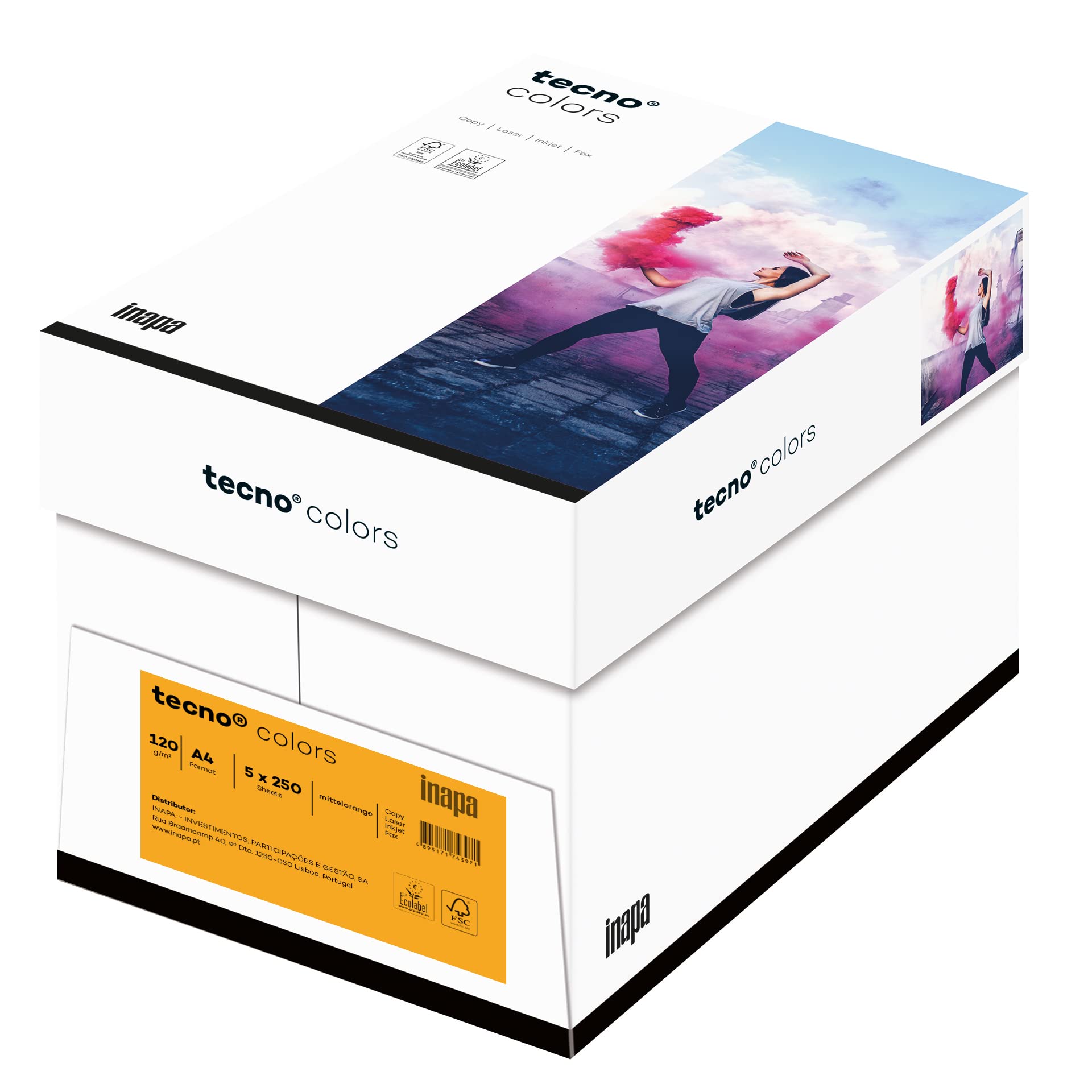inapa farbiges Druckerpapier, buntes Papier tecno Colors: 120 g/m², A4, 1.250 Blatt (5x250), mittelorange