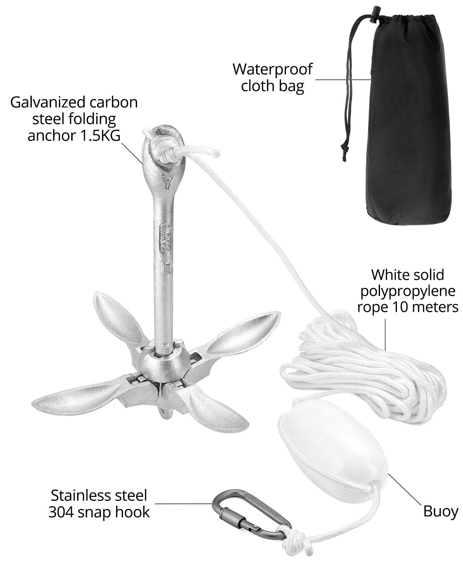 QWORK® Anclaje de Barco, Ancla Plegable, Que Incluye línea de Ancla, una boya de Bola y una Bolsa de Almacenamiento, para Kayaks, canoas y Motos acuáticas