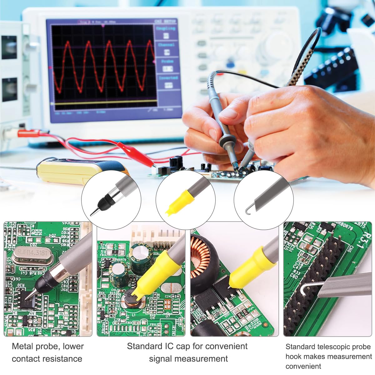 2 Stücke P6100 Oszilloskop Probe Kit 100MHz Scope Clip Testsonde mit BNC zu Mini Hakenleitungen, BNC Stecker zu BNC Stecker Kabel,für die meisten Oszilloskope
