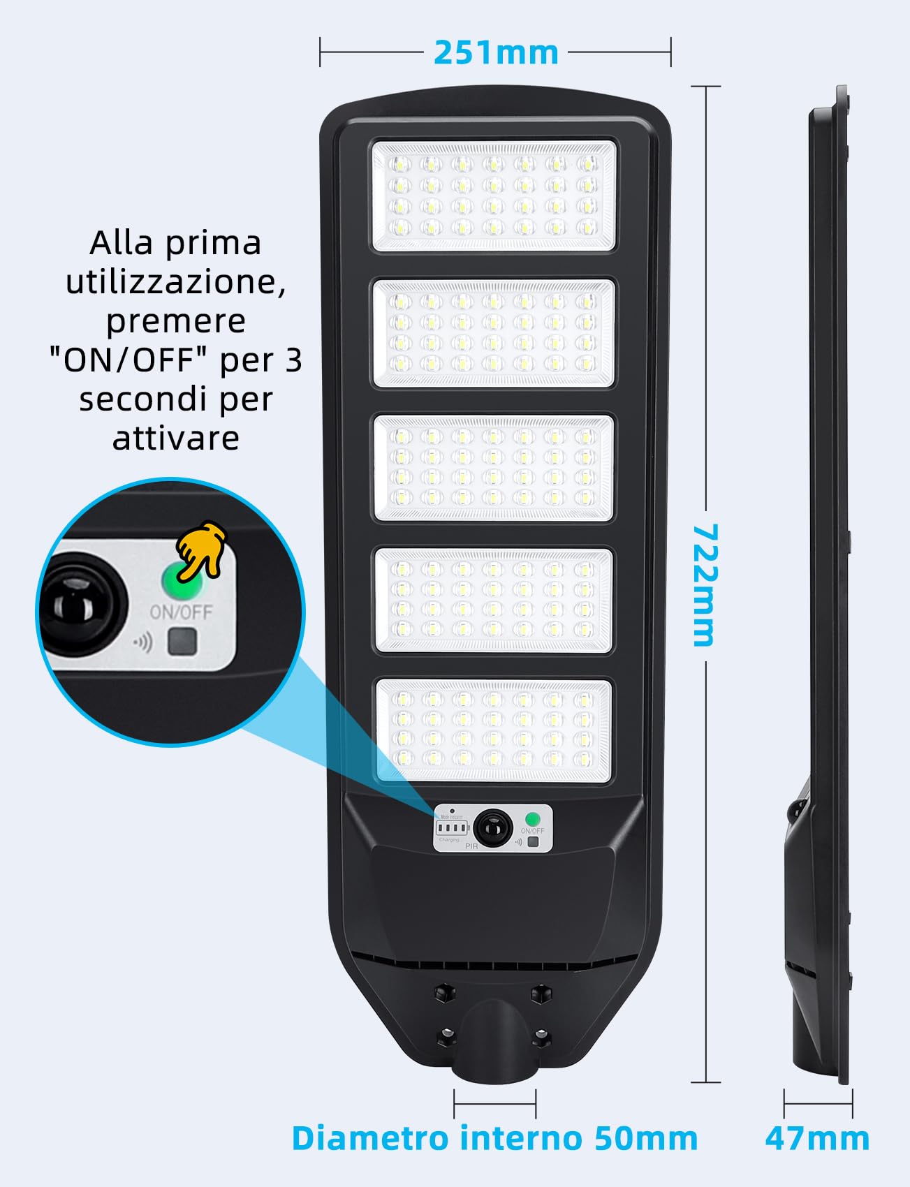 Aigostar - 300W Lampione Solare da Esterno con Sensore di Movimento, Telecomando, Impermeabile IP65, 3000LM Luce Fredda 6500K, Lampioni Solari LED per Giardino, Cortile, Strada (Non Include il Palo)