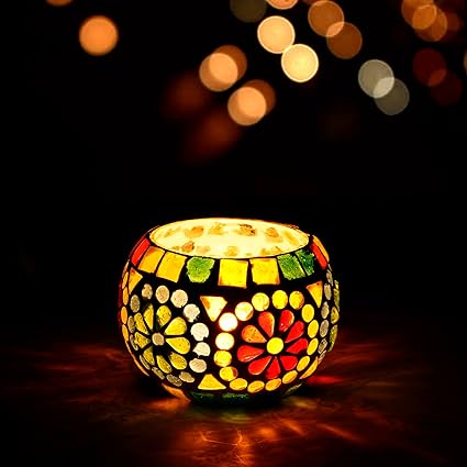 eCraftIndia Mosaic Glass Decorative Tea Light Candle Holder- Tea Light Holder- T Light Candle Holder for Diwali Decoration Items for Home Decor Living Room-Housewarming Christmas Navratri Diwali Gifts