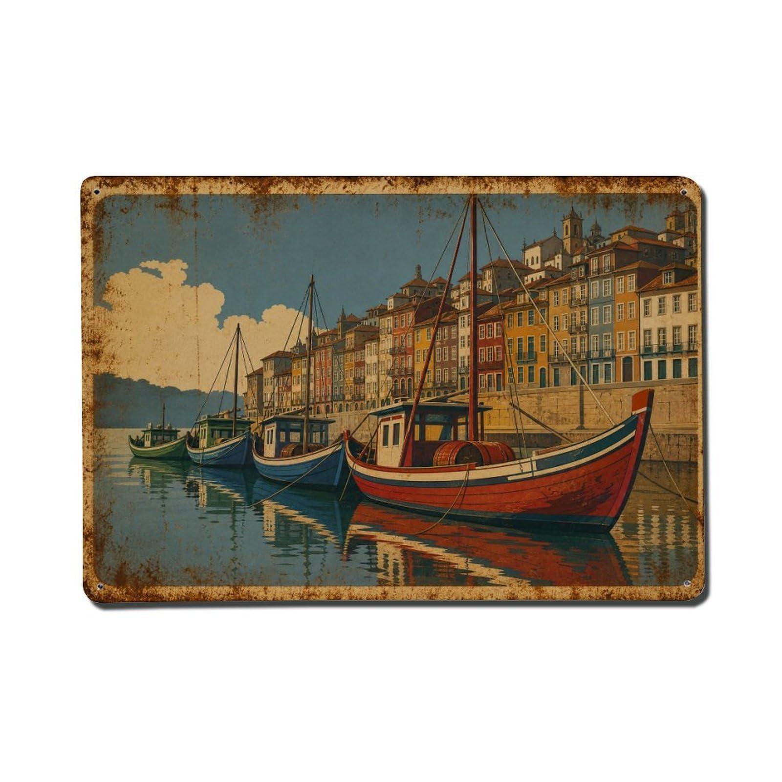 Yrnq 08X12inch Vintage Style Vintage Ribeira Traditional Boats Colorful Portugal Metal Tin Sign