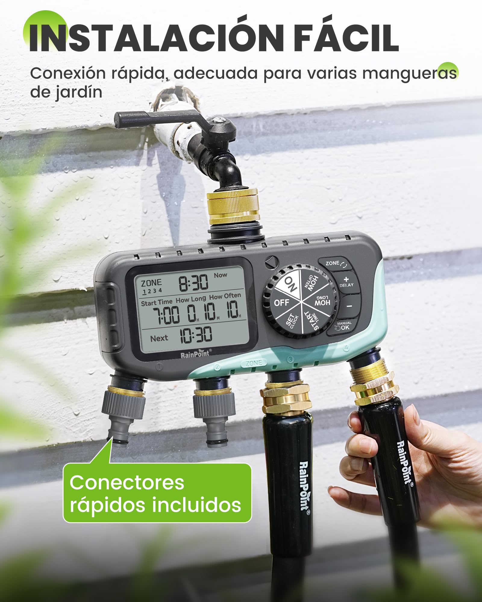 RAINPOINT Programador Riego 4 Salidas, Entrada y Salida de Latón, Impermeable IP65, Temporizador de Riego Automático con Retardo de Lluvia/Riego Manual, para Invernadero, Césped y Jardín