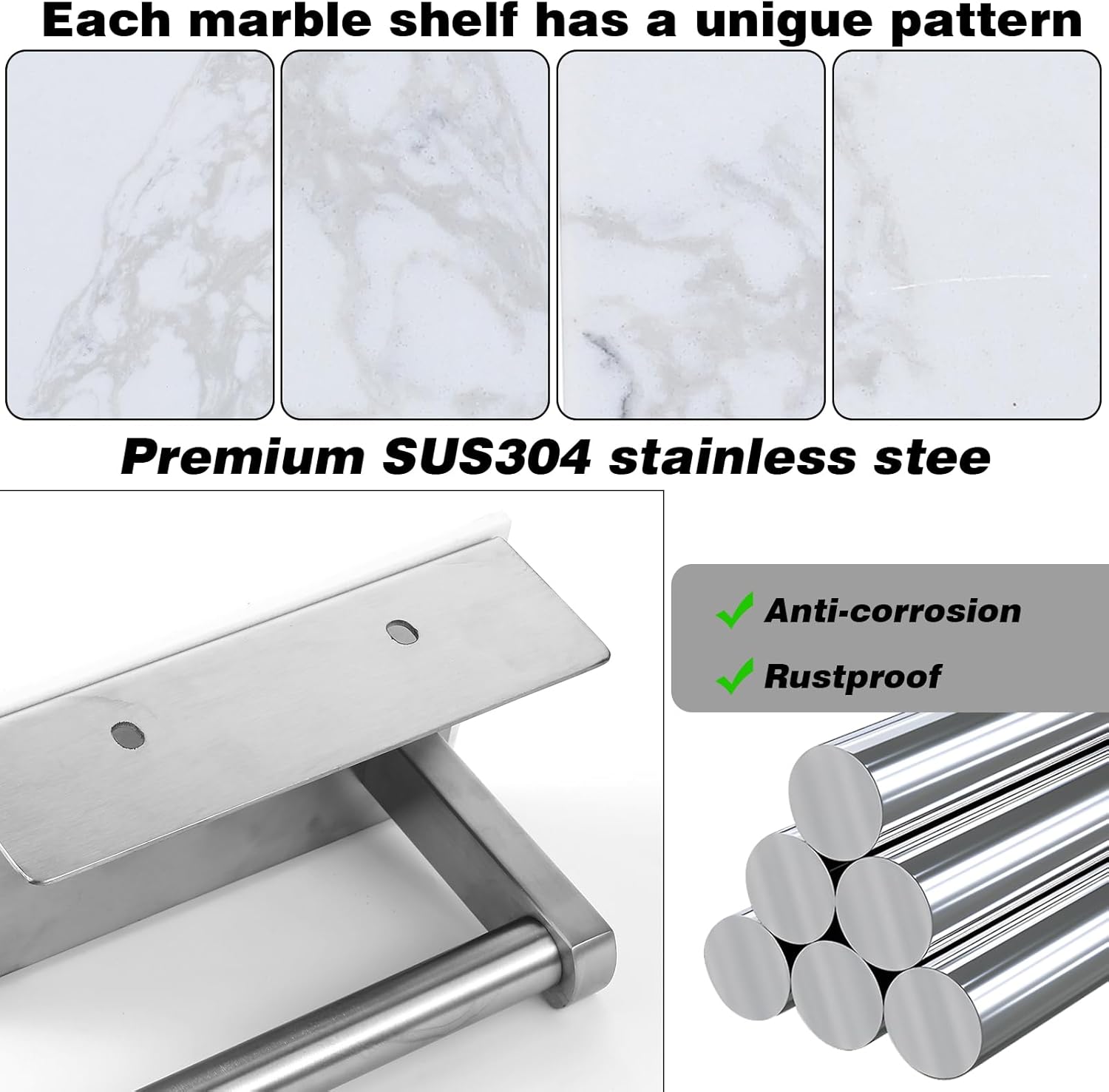 Toilet Paper Holder with Marble Shelf, SUS304 Stainless Steel Wall Mounted Toilet Paper Holder, Marble Top Toilet Paper Holder Brushed
