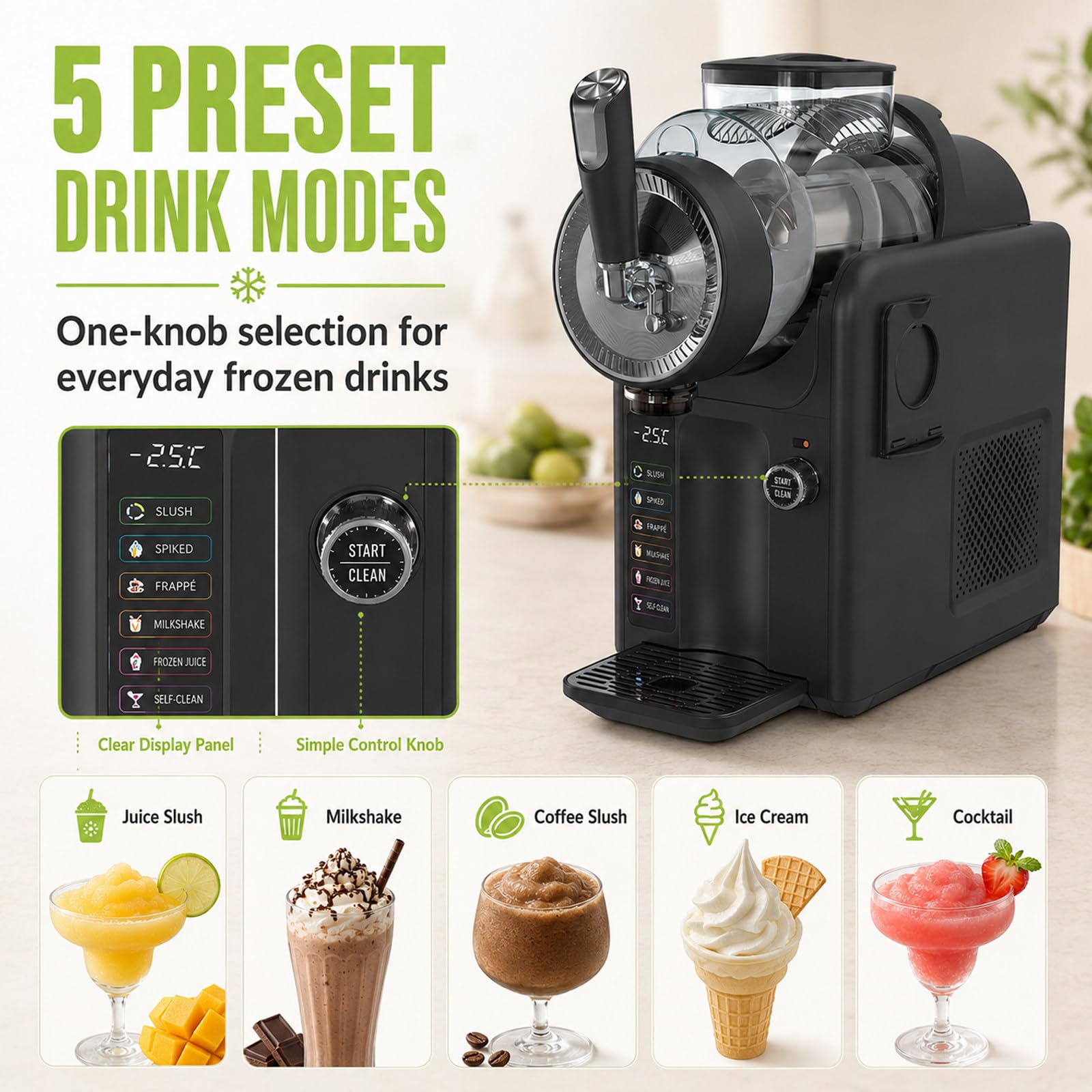 Máquina de Granizados Sin Hielo, 2L - Frozen Drink Maker 185W, 5 Modos, Pantalla LED, Limpieza Auto, Casa Fiesta Black
